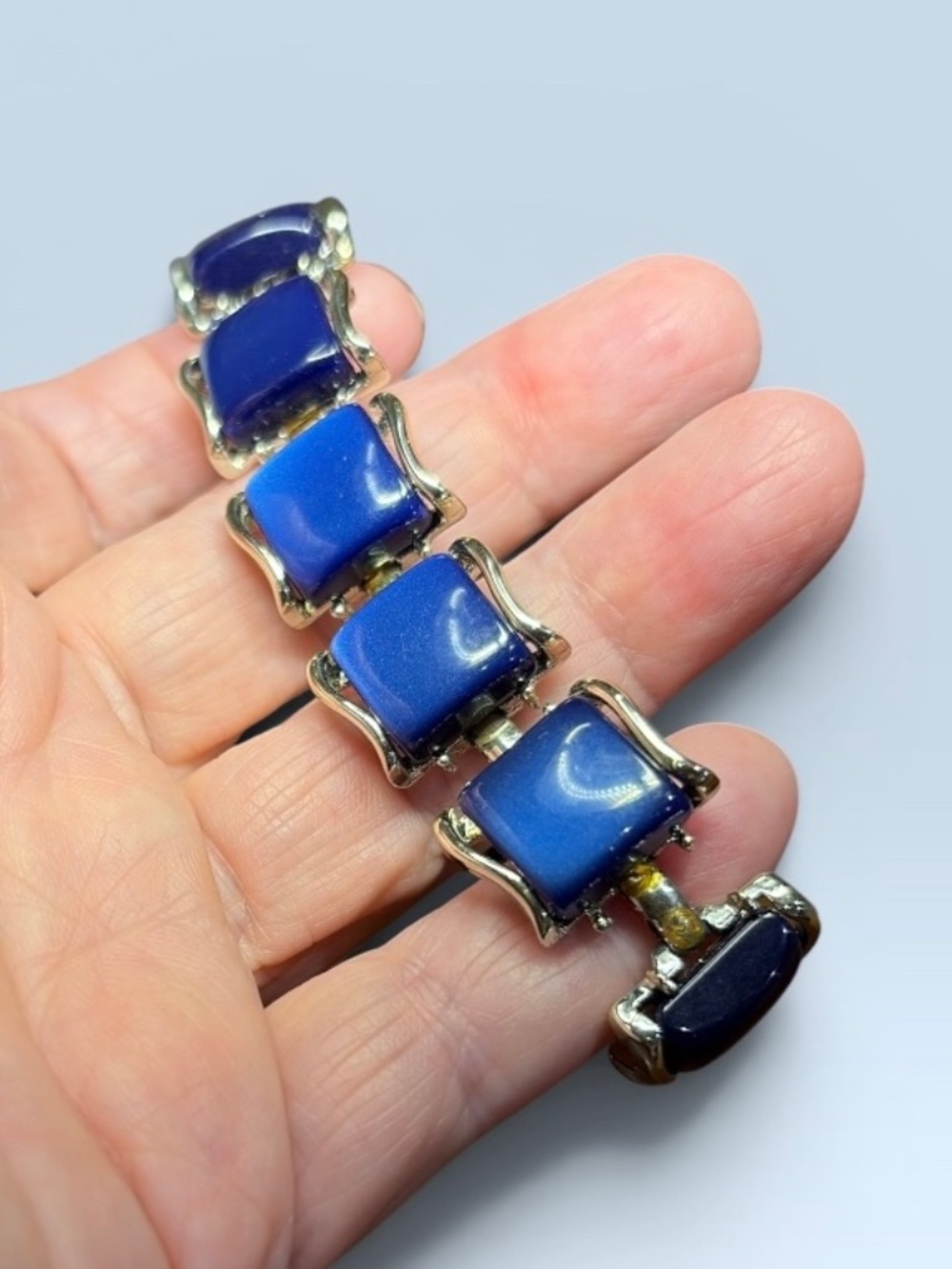CORO Blue Lucite Panel Bracelet Silver Tone Vintage Mod Statement Link Bracelet